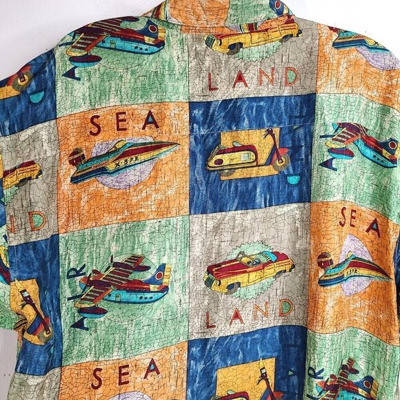 Vintage BURMA BIBAS Travel Adventure Boat Plane Scooter Wild Silk Button Up - Picture 7 of 8